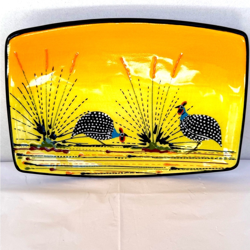 Vintage South Africa Art Ceramic Trinket Dish Vibrant Guinea Hens Hand Painted